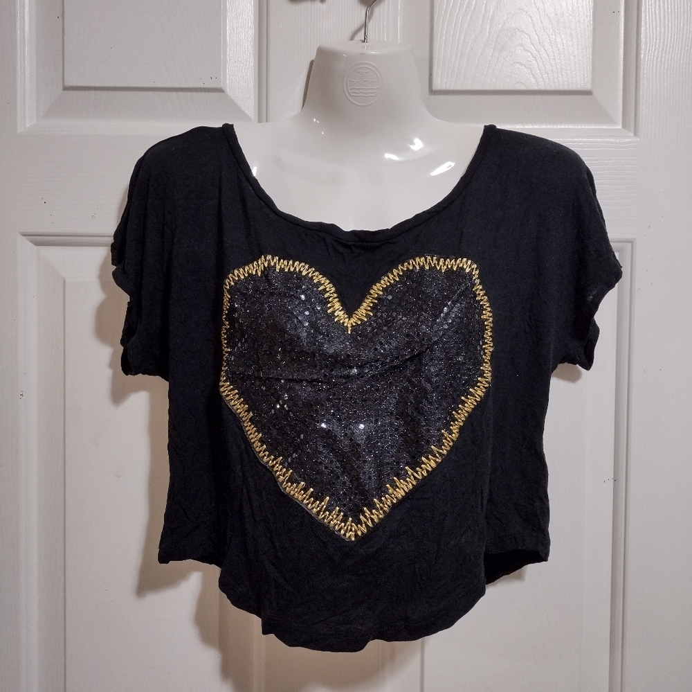 Black Sequin Heart Cropped Top Small